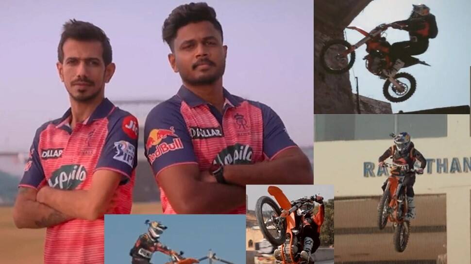 IPL 2022: A biker jumps off from 5th floor to reveal Rajasthan Royal&#039;s new jersey - WATCH