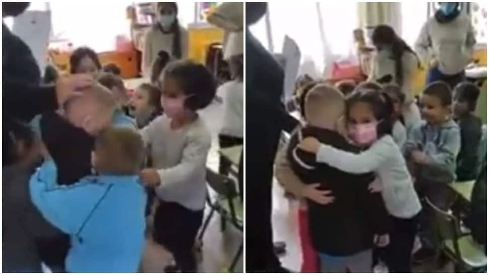 Kindergarten students shower love on Ukrainian refugee child in Spain- Watch