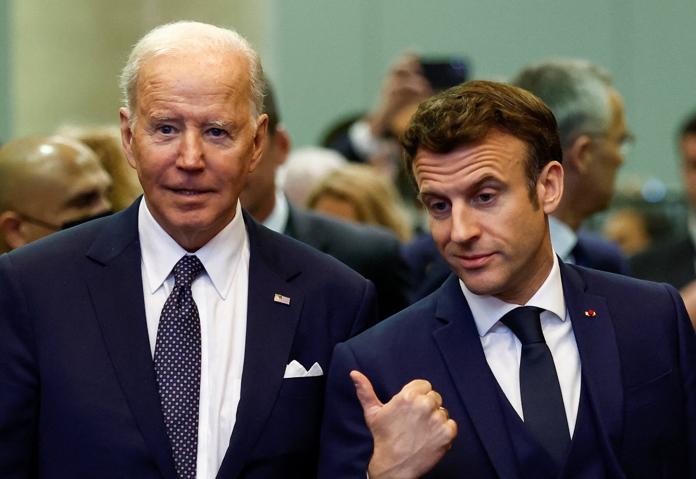 Joe Biden with French President Emmanuel Macron during meeting with NATO, EU leaders