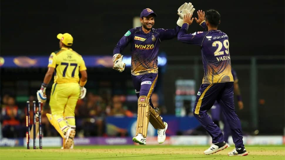 KKR's Varun Chakravarthy (right) celebrates picking a wicket with Sheldon Jackson. KKR registered just their second victory in 12 matches at the Wankhede Stadium in Mumbai in the history of IPL. The last time they won was way back in the year 2012 against Mumbai Indians. (Photo: IANS)