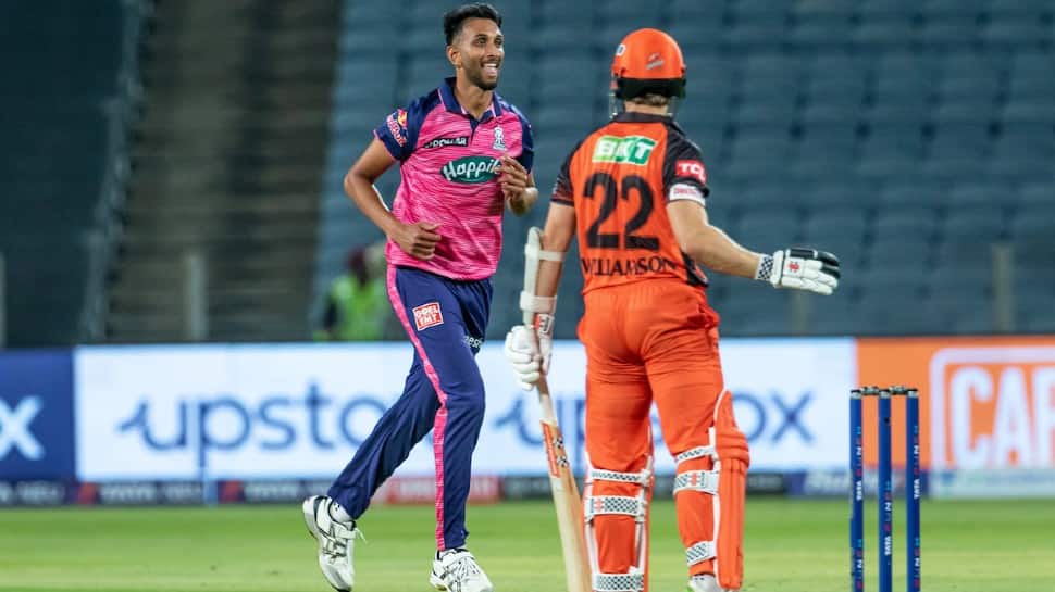 Rajasthan Royals pacer Prasidh Krishna celebrates the dismissal of Sunrisers Hyderabad captain Kane Williamson in their IPL 2022 match. SRH’s total of 14/3 after the powerplay is the joint lowest in IPL history. It is tied with 14/2 by RR against KKR in 2010. (Photo: ANI)