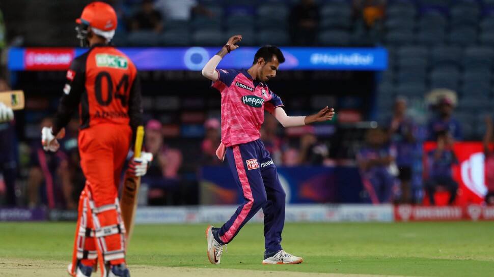 Rajasthan Royals leg-spinner Yuzvendra Chahal celebrates after picking up a wicket against Rajasthan Royals in their IPL 2022 match. Chahal reached the milestone of 250 T20 wickets, by claiming the wicket of Romario Shepherd. (Photo: ANI)