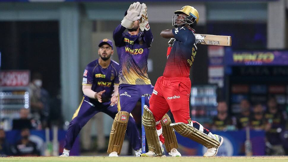 RCB batter Sherfane Rutherford gets dismissed against KKR in their IPL 2022 match. Rutherford recorded the second-lowest strike rate (70.00) in an IPL innings with a minimum of 25 runs. Ambati Rayudu had a strike rate of 66.66 against RCB in 2019. (Photo: ANI)