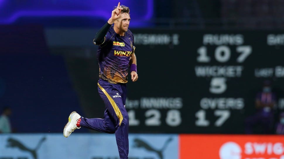 KKR pacer Tim Southee celebrates after picking up a wicket against RCB. Southee scripted his best bowling figures (3/20) in the league. His previous best was 3/24 against SRH in 2016. (Photo: Twitter)