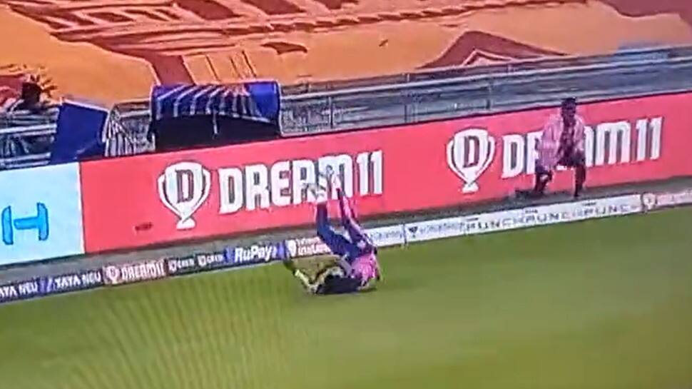 WATCH: RR&#039;s Navdeep Saini falls on his head while taking Ishan Kishan&#039;s catch vs MI