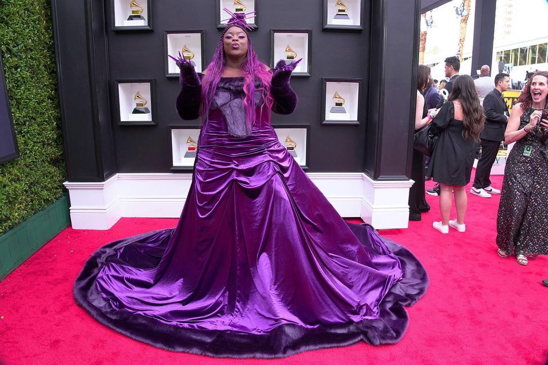 Yola opts for a dramatic purple gown for Grammys