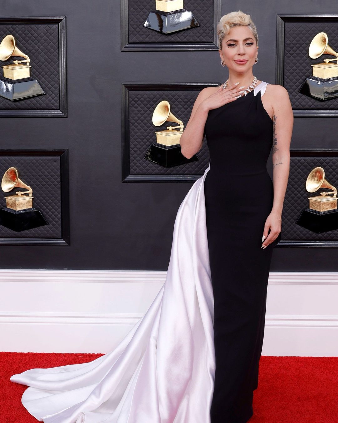 Lady Gaga stuns in an asymmetrical black and white gown