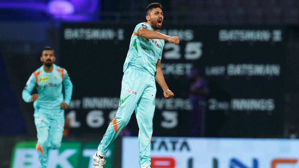 Lucknow Super Giants pacer Avesh Khan celebrates after picking up a wicket against Sunrisers Hyderabad in their IPL 2022 match. Avesh recorded his best figures (4/24) in the league. His previous best was 3/13 against Kolkata Knight Riders in 2021. (Photo: ANI)