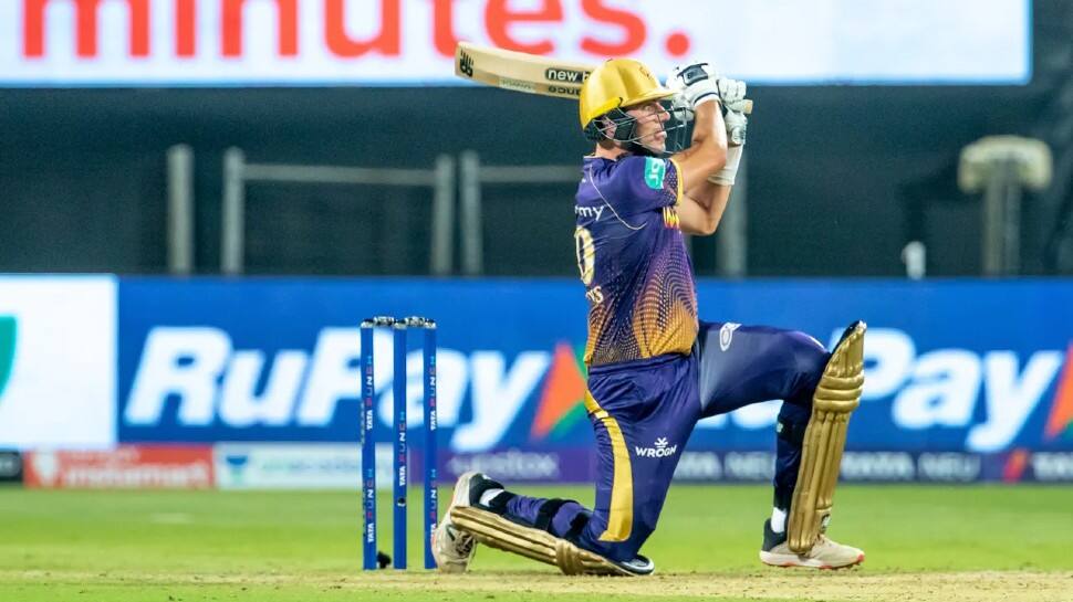 KKR pacer Pat Cummins hammers a six against Mumbai Indians in their IPL 2022 match in Pune. Cummins blasted the joint fastest fifty in the history of IPL, off just 14 balls. (Photo: BCCI/IPL)