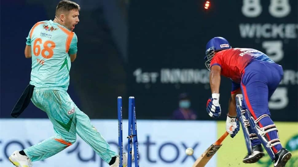 Lucknow Super Giants pacer Andrew Tye attempts to run out Delhi Capitals captain Rishabh Pant. DC recorded the third-lowest first innings total with three or fewer wickets down in the IPL. Rajasthan Royals scored 139/3 against Kolkata Knight Riders in 2019 and Pune Warriors India managed 146/2 against DC in 2012. (Photo: IANS)