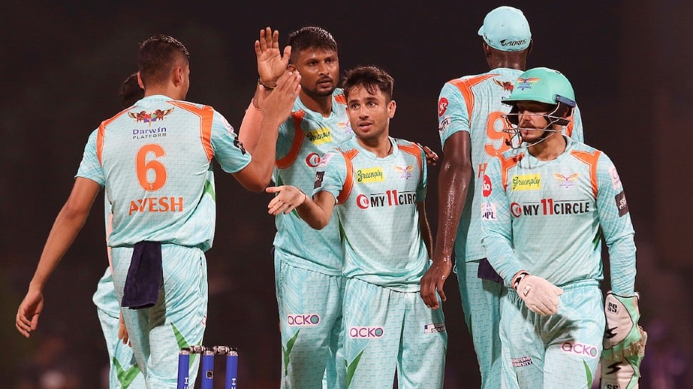 Lucknow Super Giants leg-spinner Ravi Bishnoi (centre) celebrates after picking up a wicket against Delhi Capitals in Mumbai. Bishnoi got rid of David Warner for the third time in three innings. (Photo: ANI)