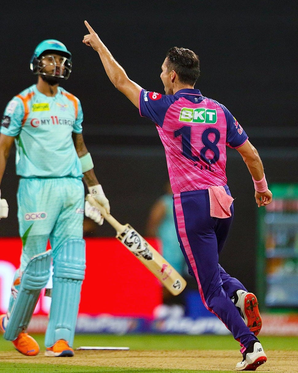 Rajasthan Royals pacer Trent Boult celebrates after dismissing Lucknow Super Giants captain KL Rahul in their IPL 2022 match. Rahul became the third player to bag two golden ducks in an IPL season. Sanath Jayasuriya in 2008 and Unmukt Chand in 2013 are the other two players. (Photo: ANI)