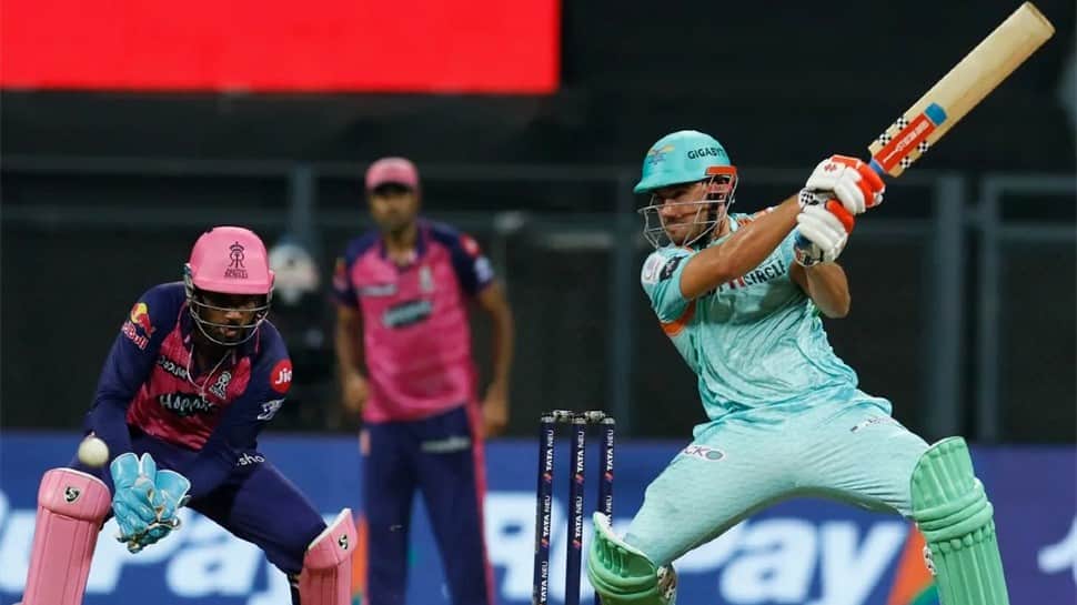 Lucknow Super Giants all-rounder Marcus Stoinis bats against Rajasthan Royals in their IPL 2022 match. Stoinis batted at No. 8 just for the second time in a T20 match. Another instance was also in the IPL, in a clash between Punjab Kings and RR in 2018. (Photo: IANS)