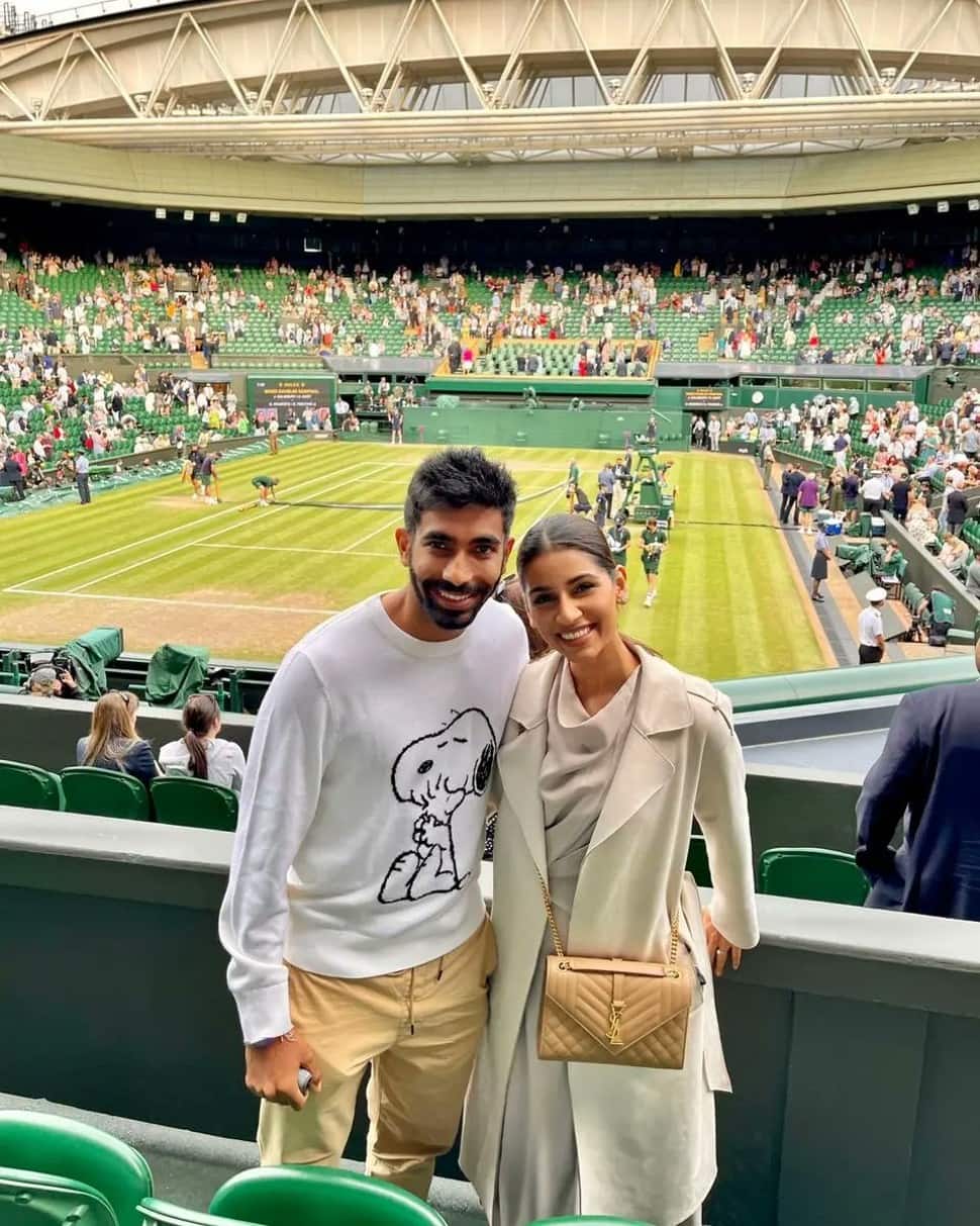 Jasprit Bumrah and wife Sanjana Ganesan attend a match in Wimbledon 2021. (Source: Twitter)
