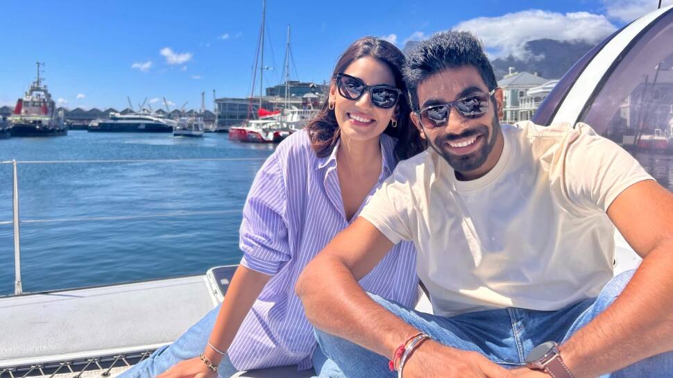 Jasprit Bumrah and Sanjana Ganesan on a boat in South Africa