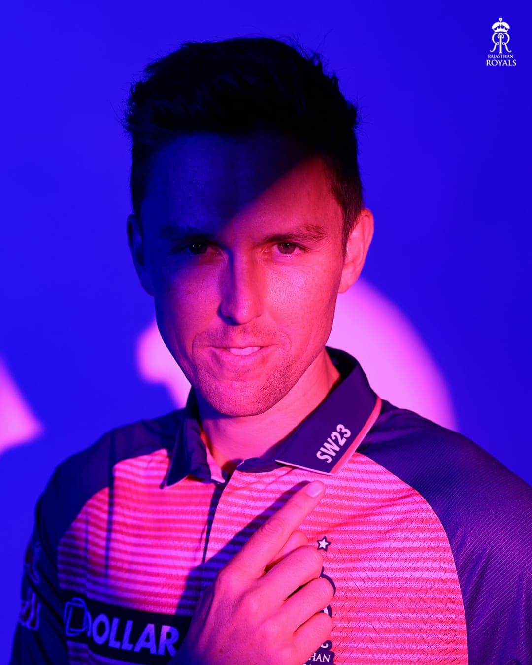 Trent Boult posing in the special SW jersey