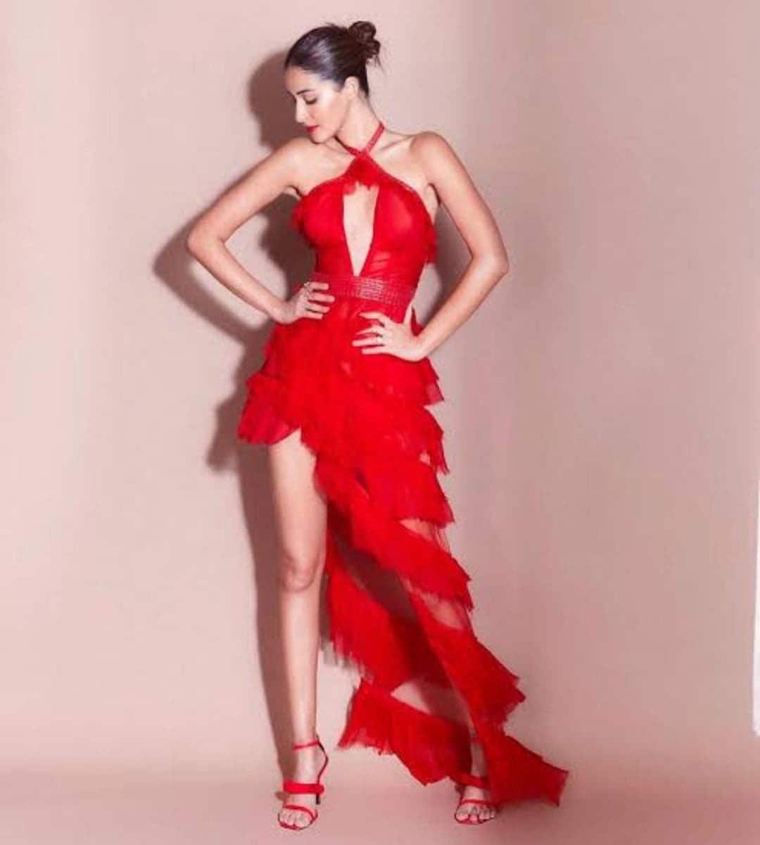 Ananya Panday in fiery red satin silk spaghetti strap dress