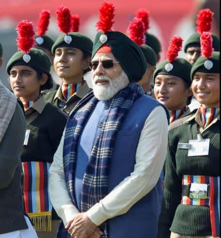 Modi during the Republic Day parade wearing traditional cap of Uttarakhand