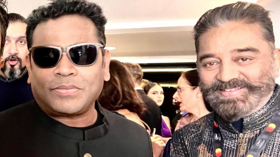 A R Rahman poses with actor Kamal Hassan