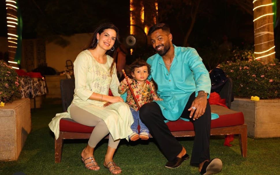 Hardik Pandya with wife Natasa Stankovic and son Agastya as the Titans celebrate Gujarat Day in team hotel. (Source: Instagram)