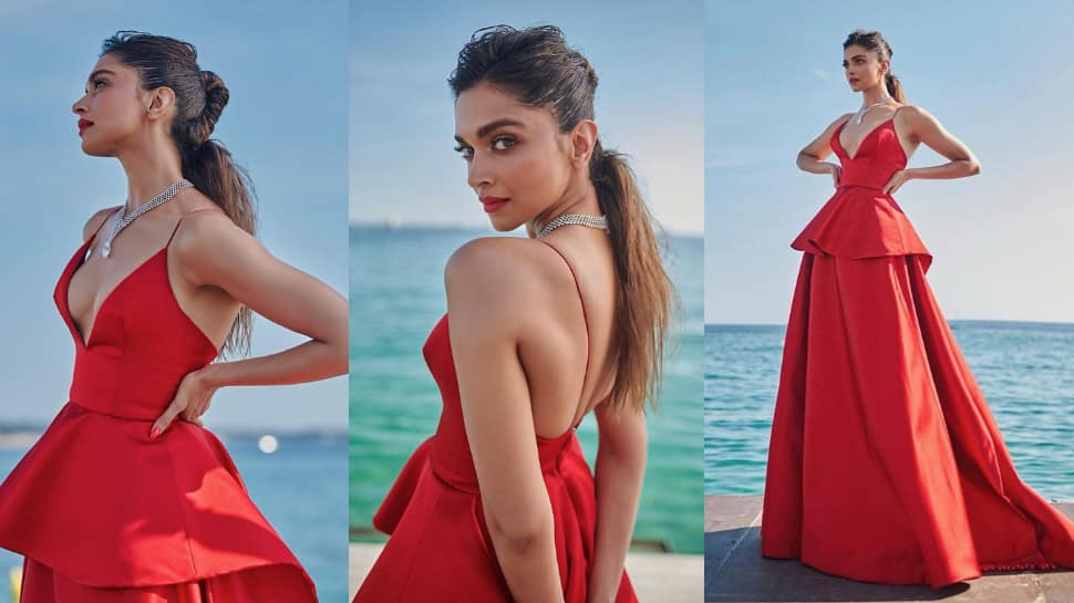 Deepika looks smoking hot in a dramatic red dress