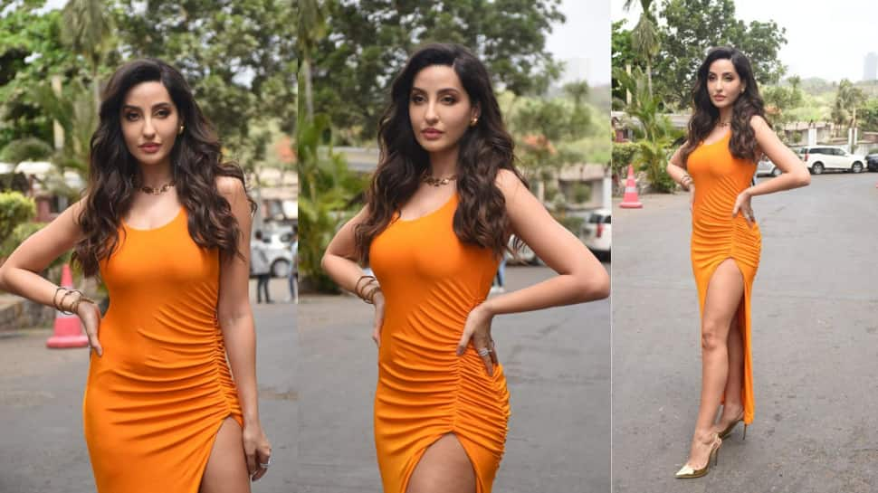 Nora Fatehi Sizzles In A Blazing Orange Thigh High Slit Dress Sets Mercury Soaring Pics News 1571