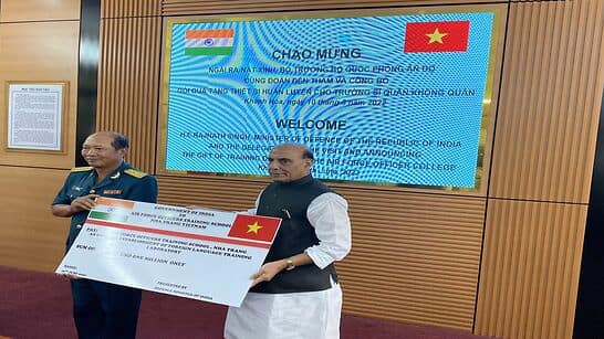 Rajnath Singh hands over cheque of USD 1 million to Vietnam for the Air Force Officers Training School in Nha Trang