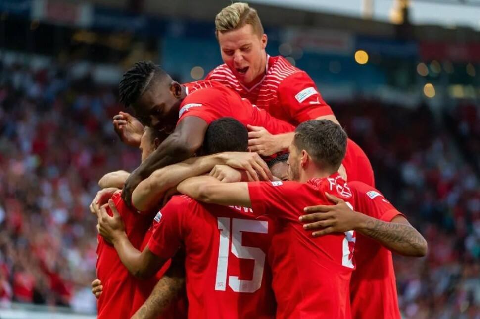 Switzerland celebrate after scoring against Portugal in their UEFA Nations League match. This was Portugal's first loss to Switzerland since 2016. (Source: Twitter)