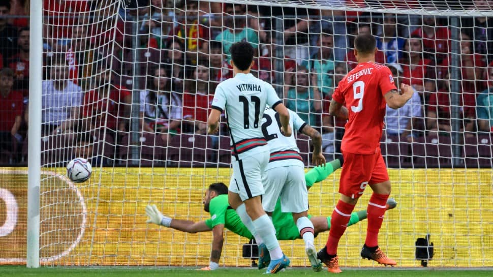 Switzerland striker Haris Seferovic (centre) scores in the first minute against Portugal in their UEFA Nations League match. (Source: Twitter)