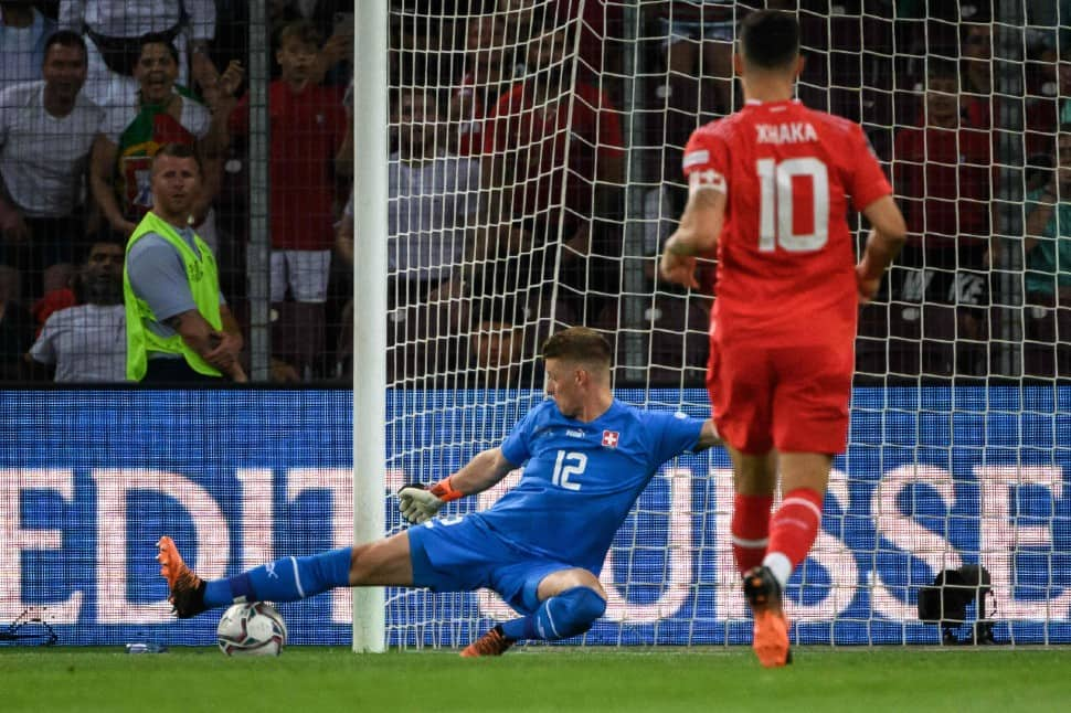 Switzerland goalkeeper Jonas Omlin makes a save against Portugal in their UEFA Nations League match. Portugal dropped to second place in Group A2 on seven points while Spain, who beat the Czech Republic 2-0 in the other game, moved to the top with one point more. Switzerland remain bottom on three points. (Source: Twitter)