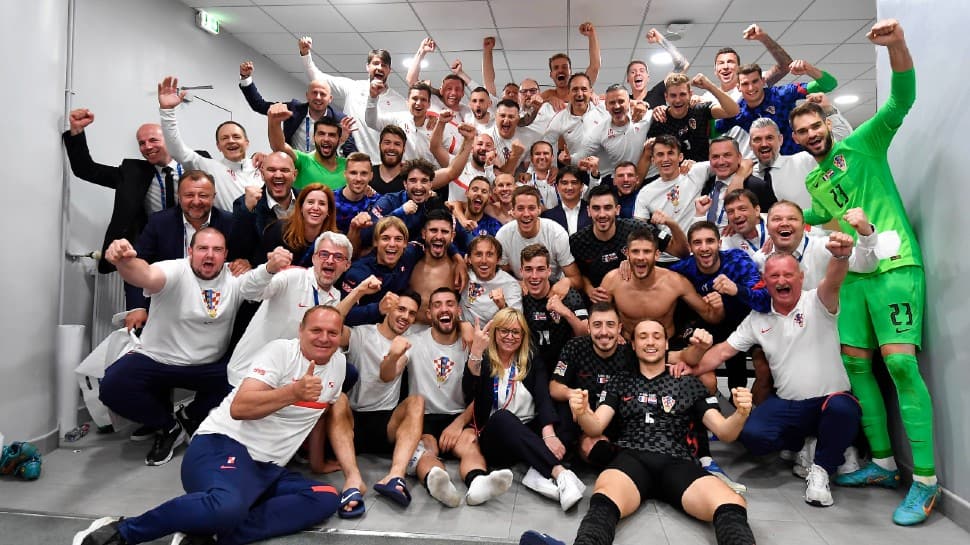 Croatia football team celebrate their 1-0 win over world champions France in their UEFA Nations League. France have failed to qualify for the semifinals after loss to Croatia. (Source: Twitter)