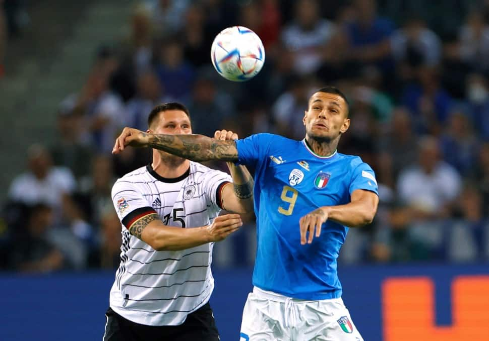 Italy's Gianluca Scamacca battles for the ball against Germany in their UEFA Nations League match. Germany are now on six points in second place, one behind Hungary. (Photo: Reuters)