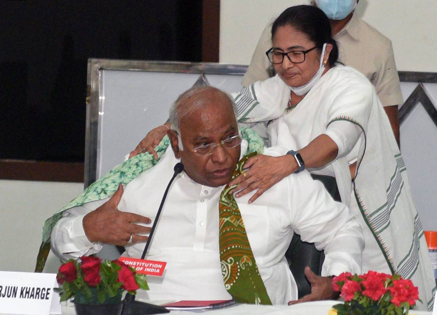 Mamata Banerjee with Leader of Opposition in Rajya Sabha Mallikarjun Kharge