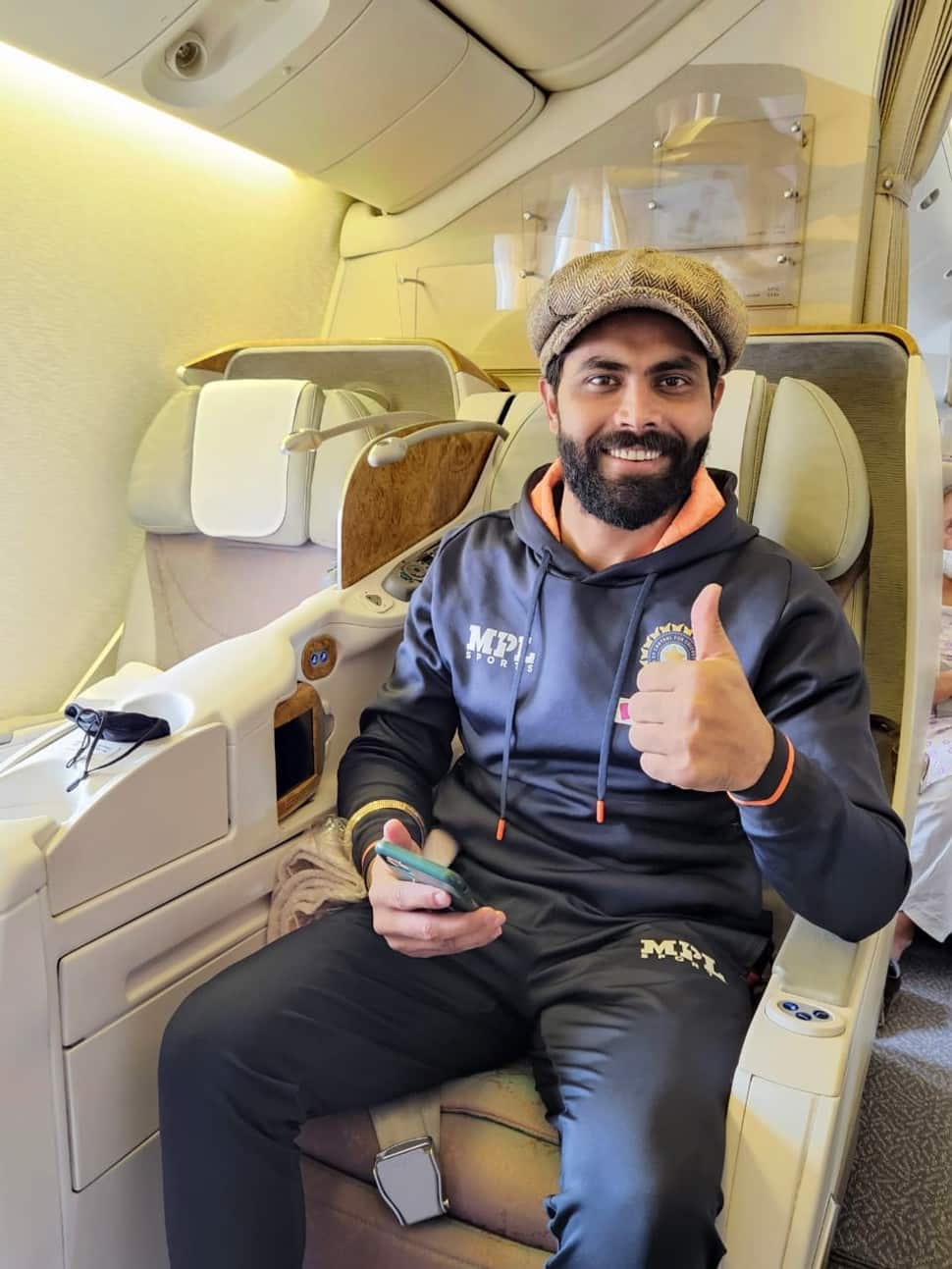 Team India all-rounder Ravindra Jadeja seen on the Emirates flight to the UK. (Source: Twitter)