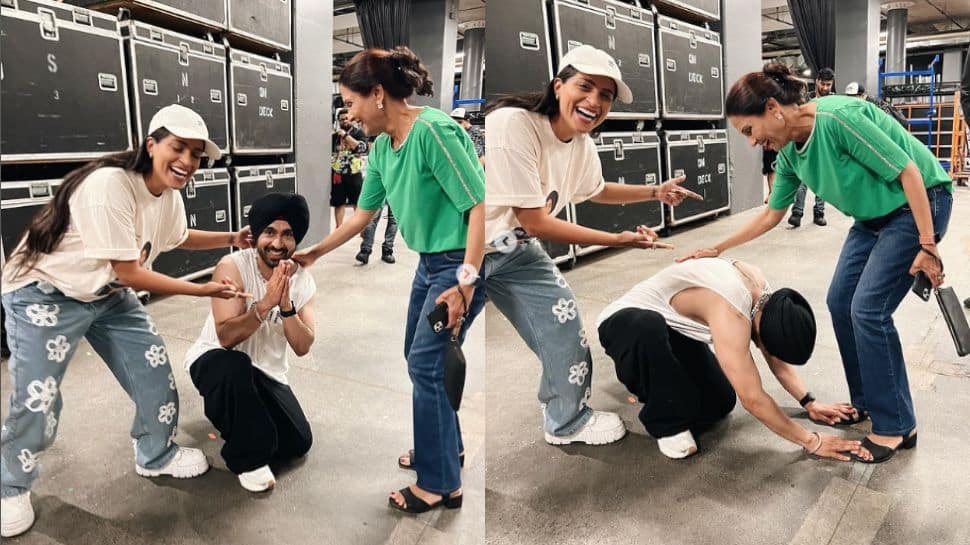 Diljit Dosanjh falls at the feet of YouTuber Lilly Singh&#039;s mom at Toronto concert