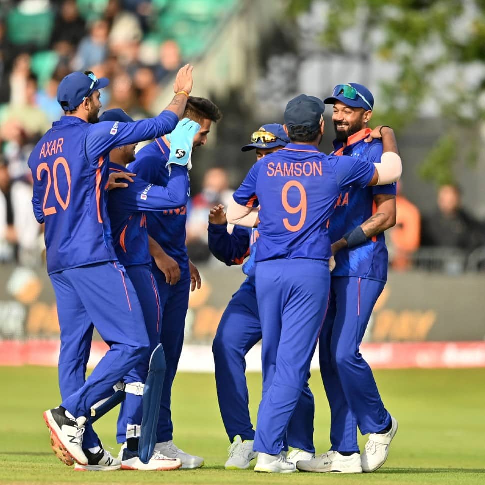 Captain Hardik Pandya celebrates with his teammate after winning the T20 series against Ireland 2-0. Team India completed their fifth T20 series with an unbeaten record. They have won 10 out of 12 T20Is played this year. (Source: Twitter)