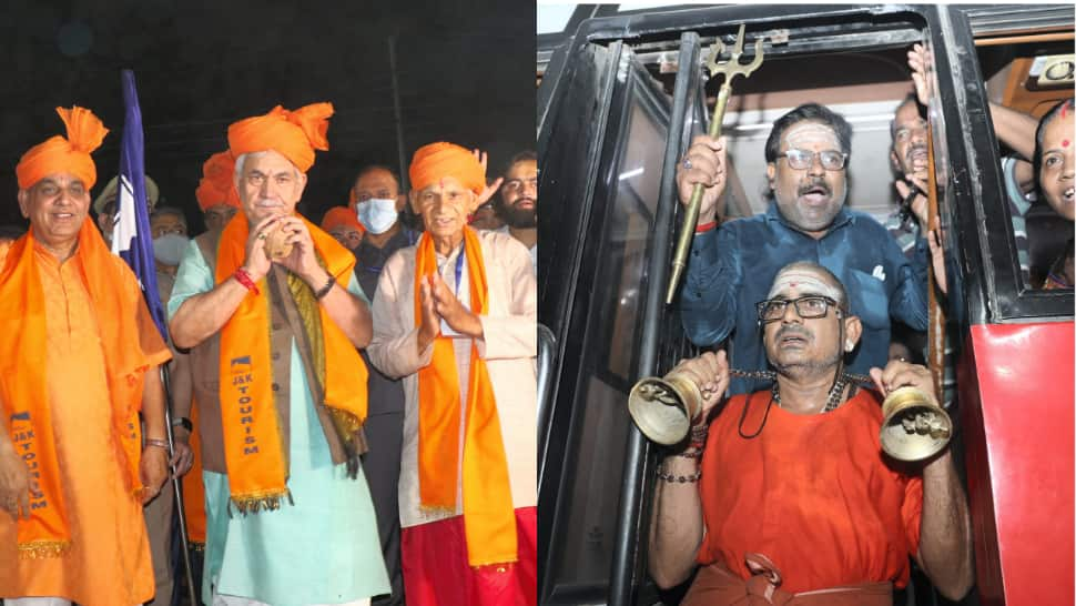 Amarnath Yatra 2022: Amid chants of &#039;Bam Bam Bhole&#039; and &#039;Jai Barfani Baba ki&#039;, L-G Manoj Sinha flags off 1st batch of pilgrims from Jammu