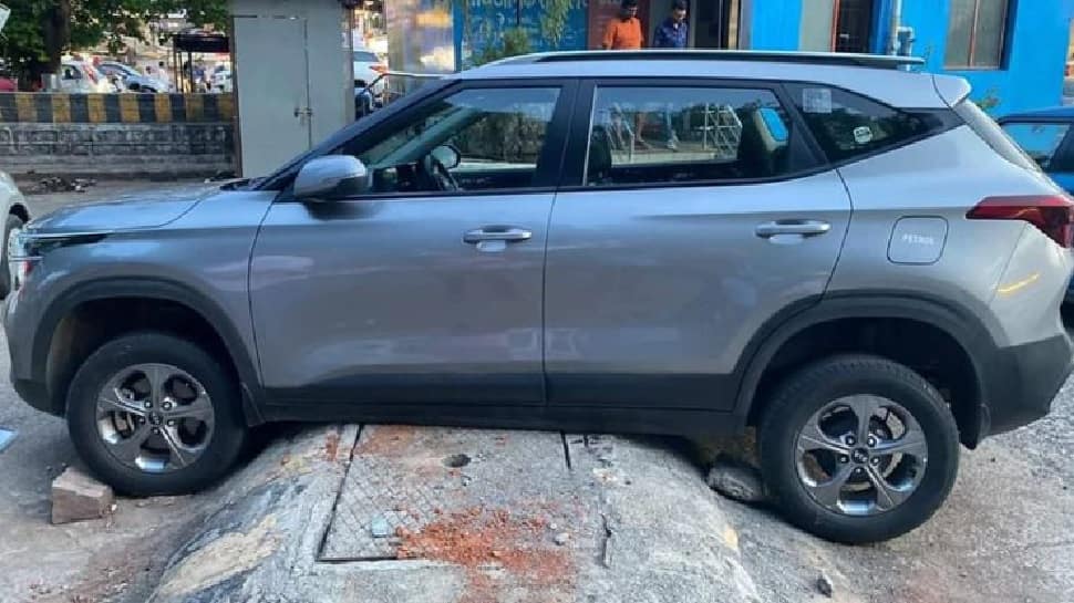 Kia Seltos SUV with high ground clearance gets stuck on a colossal-sized speed breaker, internet reacts