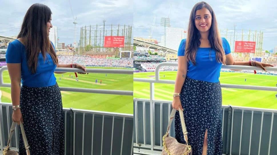 Suryakumar Yadav's wife Devisha Shetty poses at the Oval during the first ODI against England. (Source: Twitter)