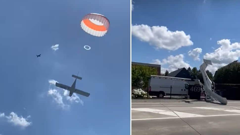 WATCH: Stunning video shows aircraft hanging from parachute moments before crash, pilot survives
