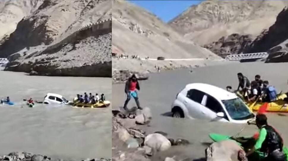 Hyundai Santro pulled out from river in Leh-Ladakh with bare hands and rope - Watch video