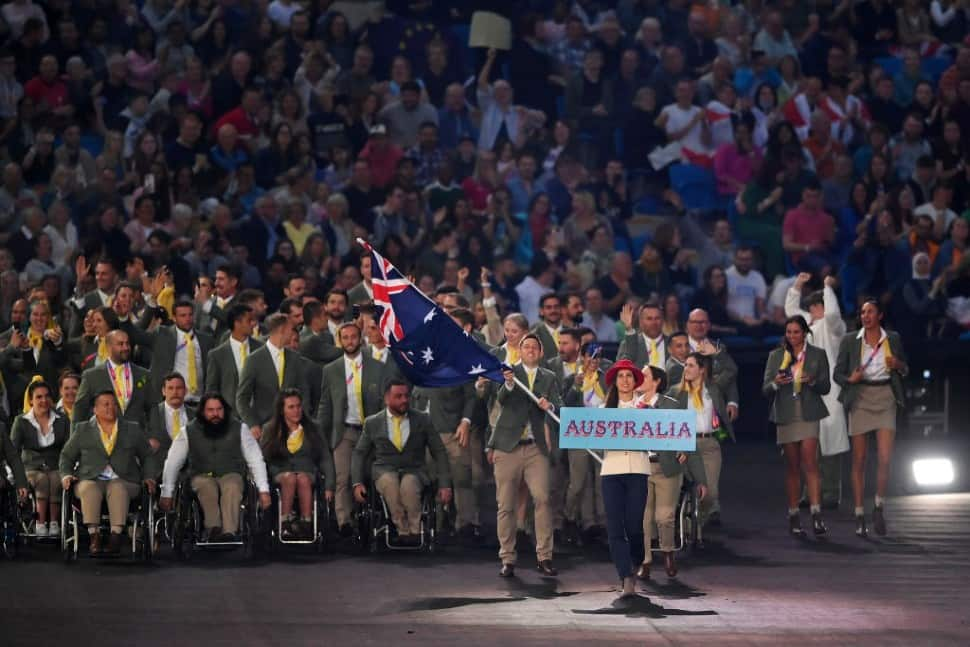 Australia contingent, the hosts of 2018 CWG, during the nation's parade at the Commonwealth Games 2022 opening ceremony. (Source: Twitter)