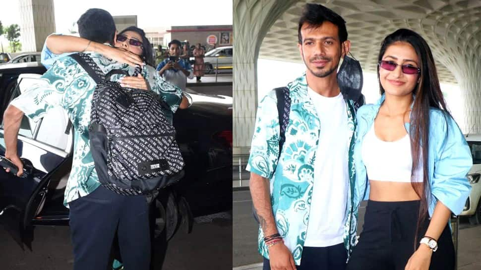 Dhanashree Verma hugs her husband Yuzvendra Chahal before departure for Dubai. Rumours of the couple splitting emerged last week after Dhanashree dropped the name 'Chahal' from her Instagram handle. (Source: Twitter)