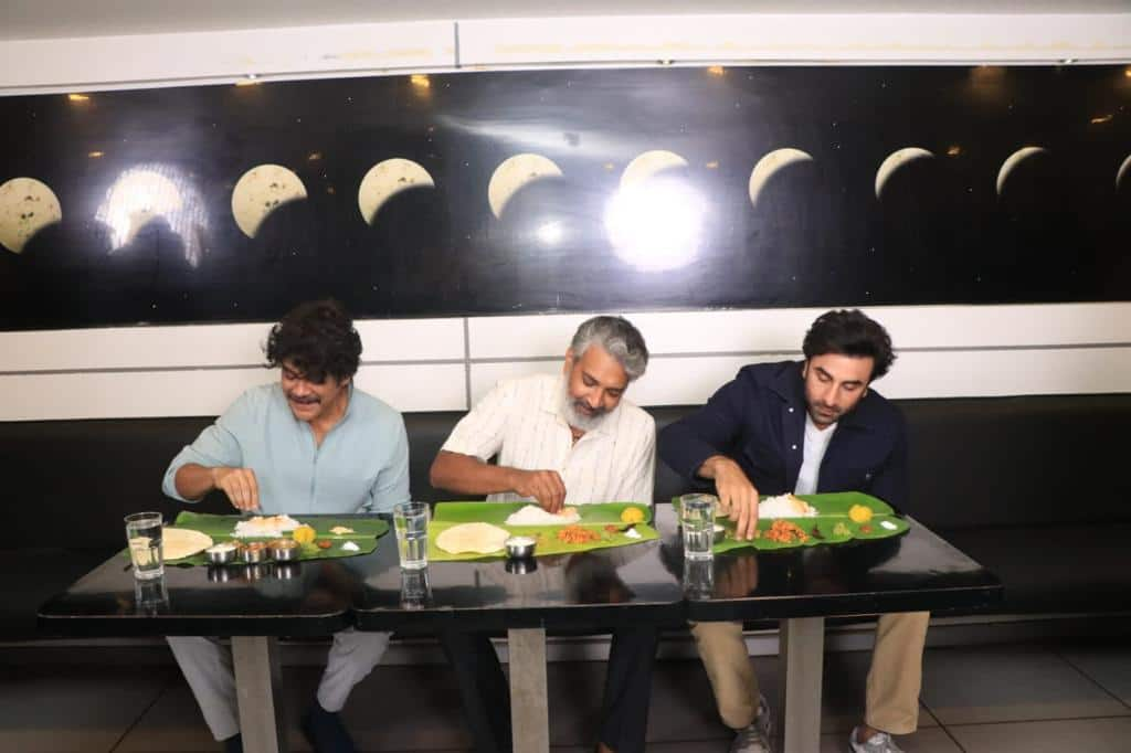 Ranbir enjoys South Indian thali along with SS Rajamouli and Nagarjuna