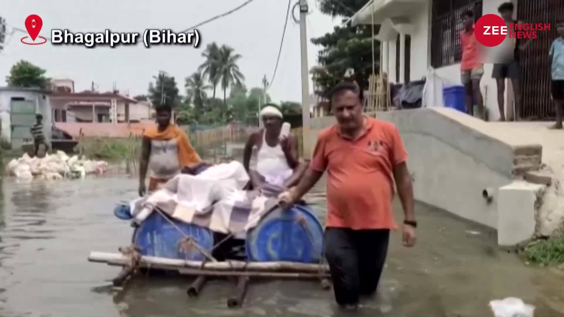 Villagers In Flood Hit Bhagalpur Bihar Use Makeshift Boat To Reach