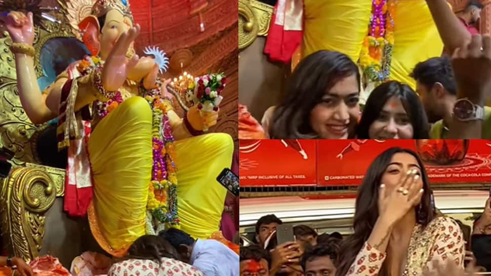 Srivalli aka Rashmika Mandanna gets mobbed by fans as she visits Lalbaugcha Raja for Ganpati darshan - Watch