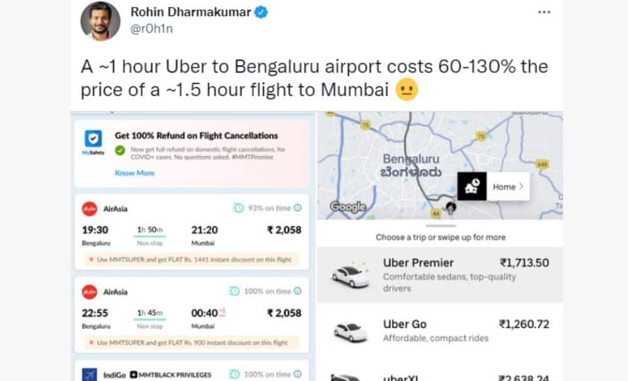 CEO compares prices of 1 hour Uber ride to B&#039;luru airport with Mumbai flight; post goes viral