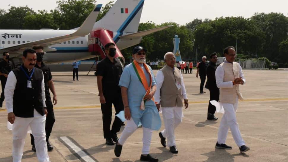 PM Modi lands at the Indian Air Force Station in Gwalior