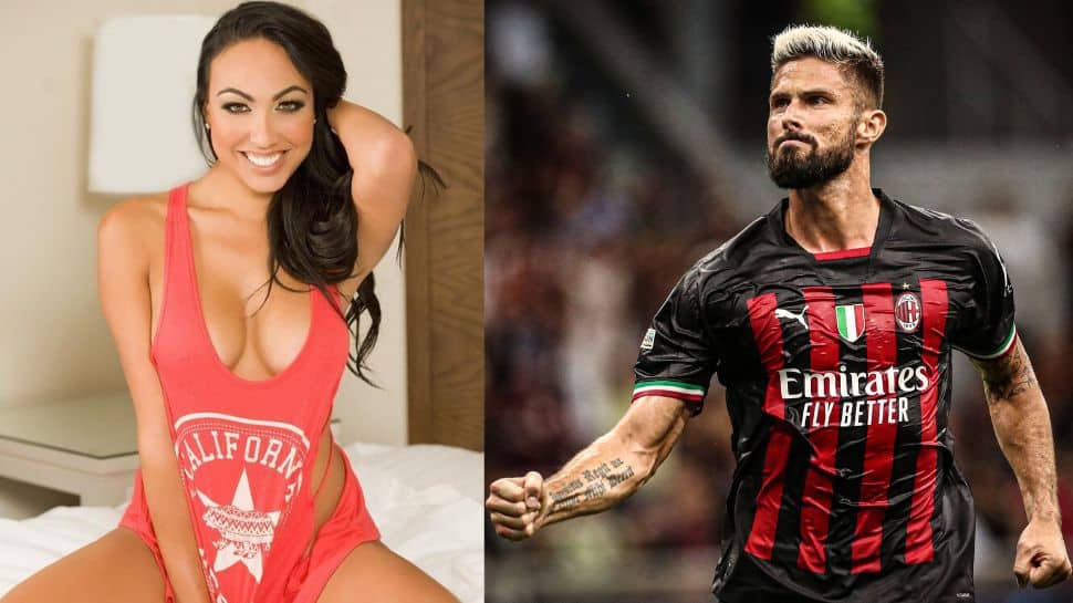 Former Arsenal and Chelsea striker Olivier Giroud, though married since 2011, was caught on camera with model Celia Kay (right) in a hotel room just hours before a Premier League game against Crystal Palace. (Source: Twitter)
