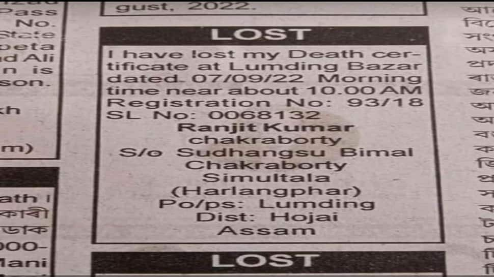 Internet goes crazy after man gives advertisement for his lost death certificate in newspaper